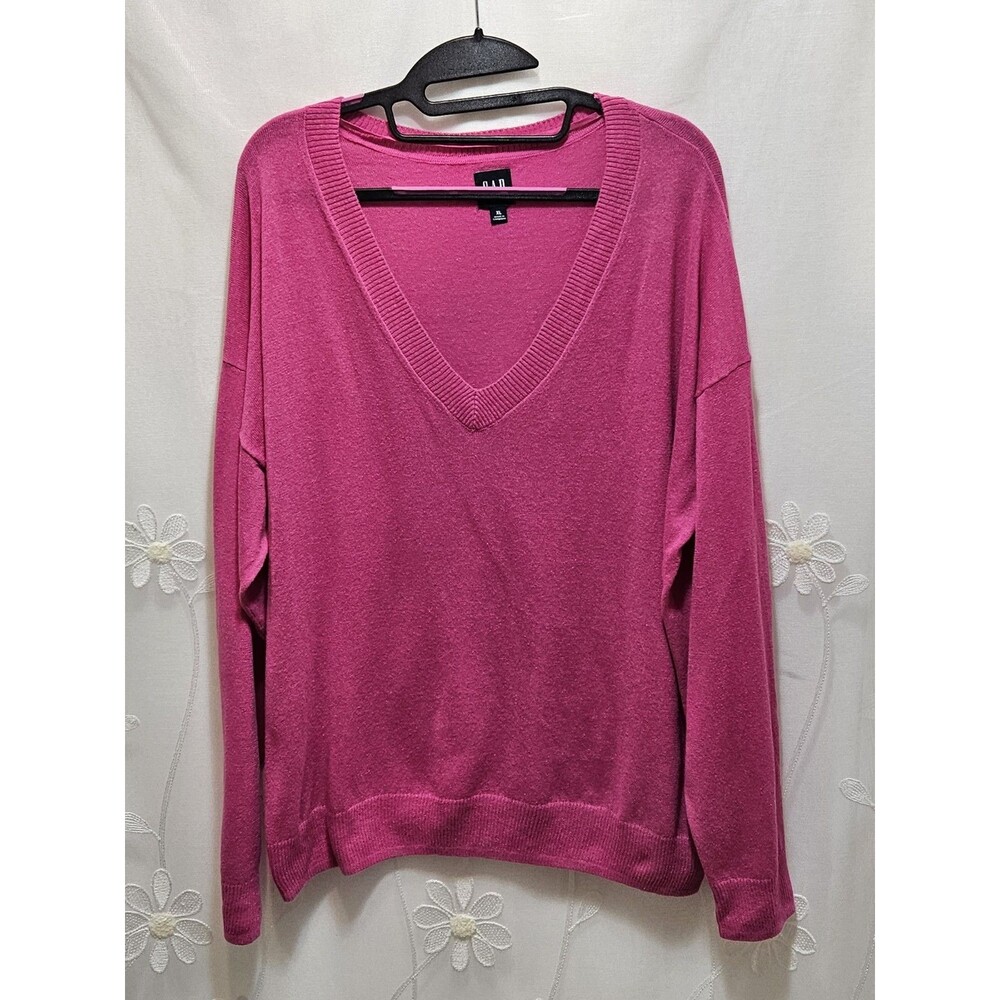 Gap Womens XL Pink Sweatshirt Linen Blend Lightweight Ribbed Preppy V-Neck Y2k